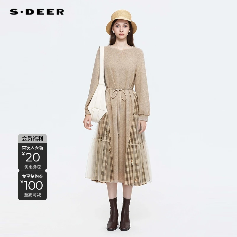 S·DEER圣迪奥女装秋季学院风时尚拼接格纹针织连衣裙S25361203