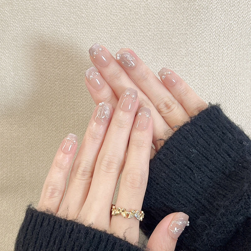 米哩米纯手工穿戴甲短款冰透裸色珍珠猫眼显白高颜值美甲璀璨蝶羽