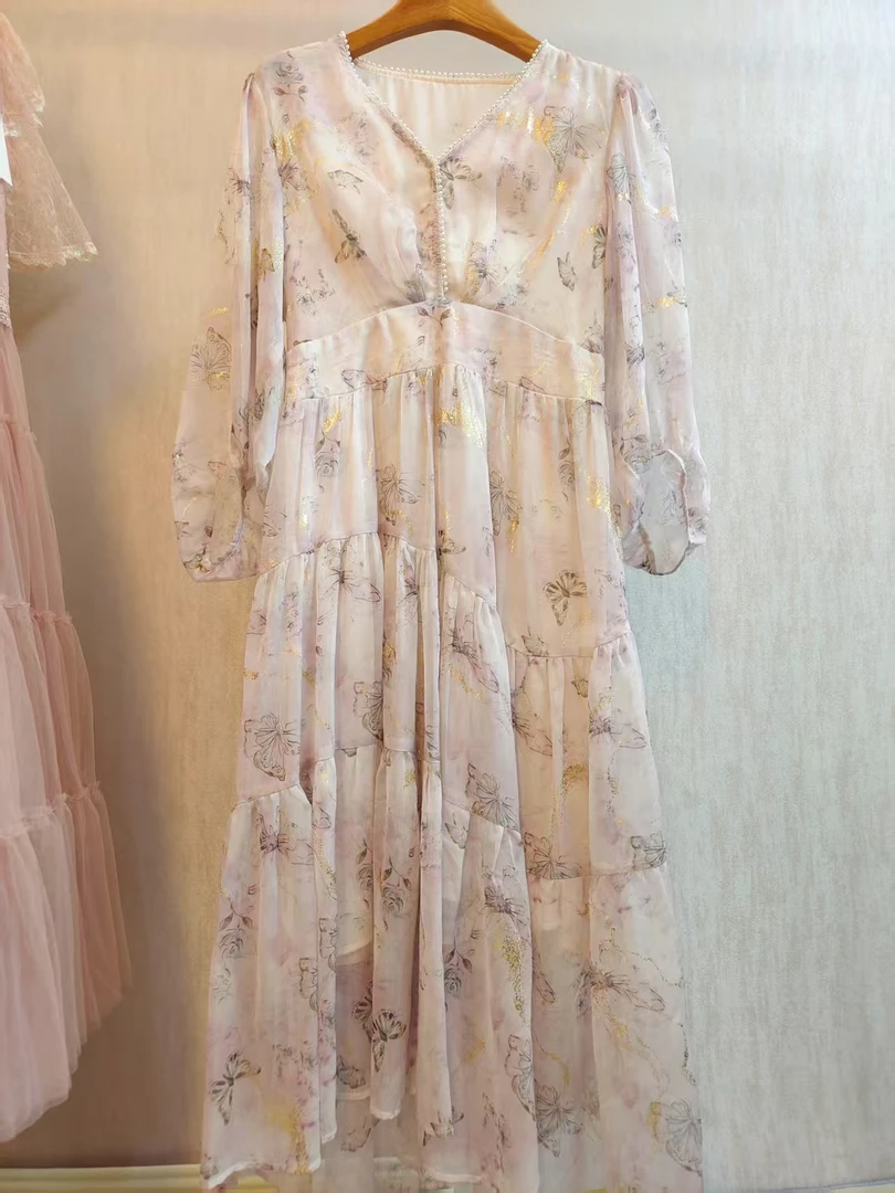 L889轻奢品质夏季新款v领碎花法式气质连衣裙爆款长裙