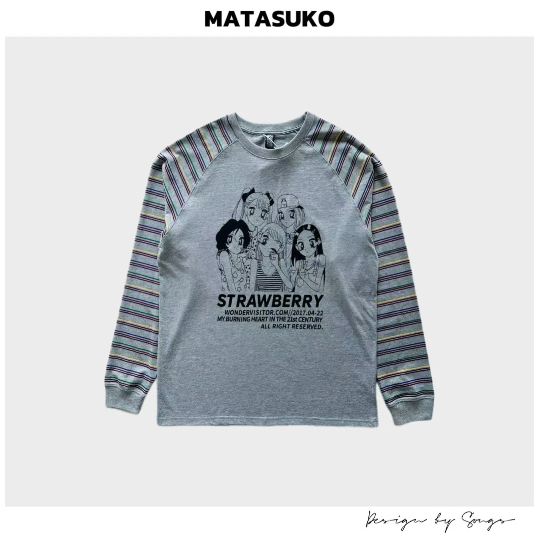 MATASUKO 草稿画像 拼接袖设计 立体印花&进口面料 长袖圆领T恤