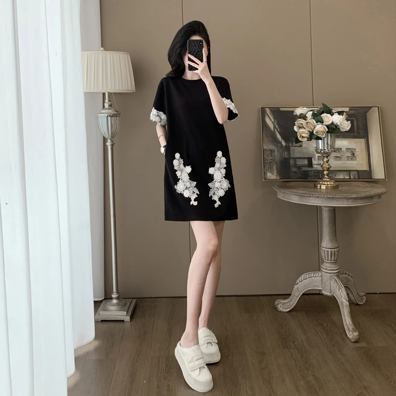 黑色蕾丝拼接短袖连衣裙女夏季宽松显瘦赫本风小黑裙休闲裙子
