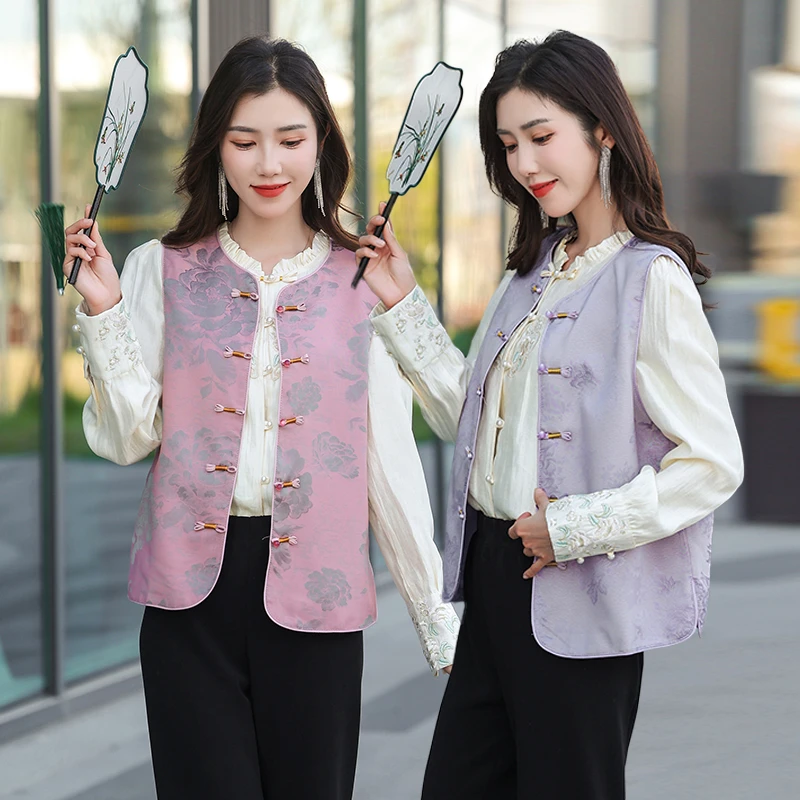 中国风女式马甲圆领无袖坎肩时尚印花上衣手工盘口妈妈装复古马甲