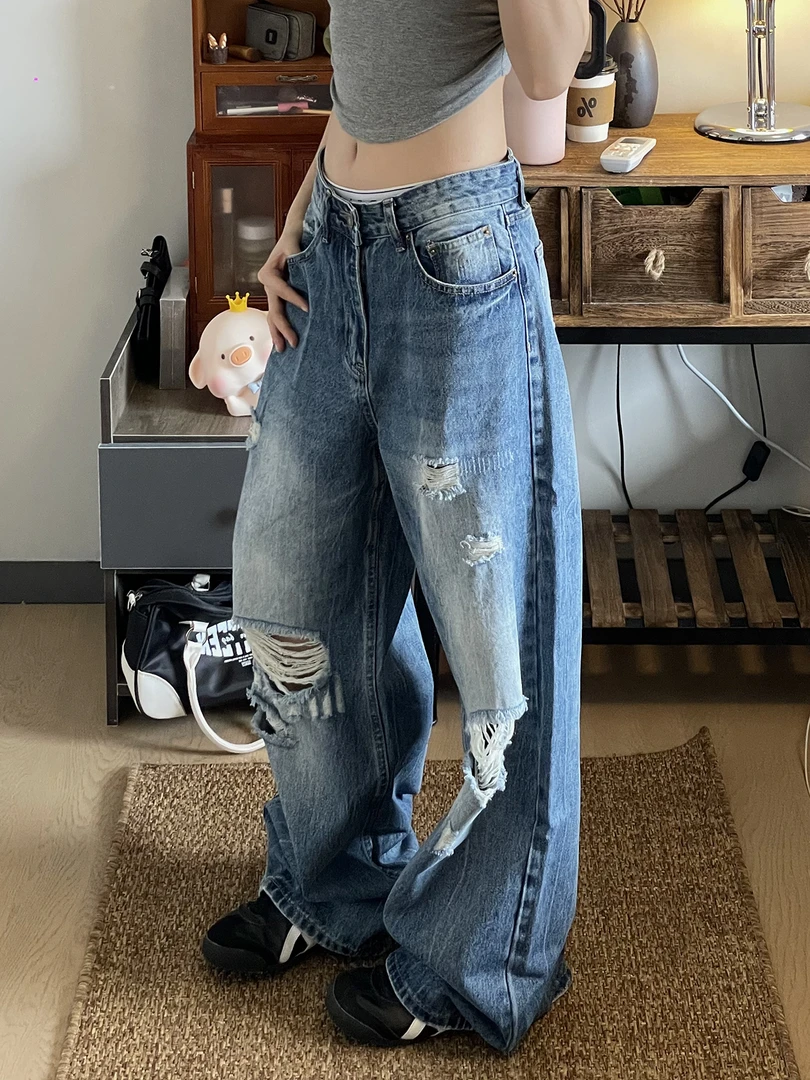 大码美式复古破洞牛仔裤女2025夏季新款宽松水洗直筒阔腿拖地裤子