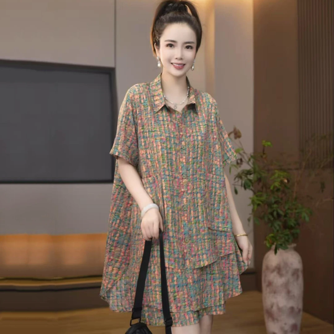 868彩萃夏季新款衬衫套装女短袖韩版宽松显瘦休闲套装