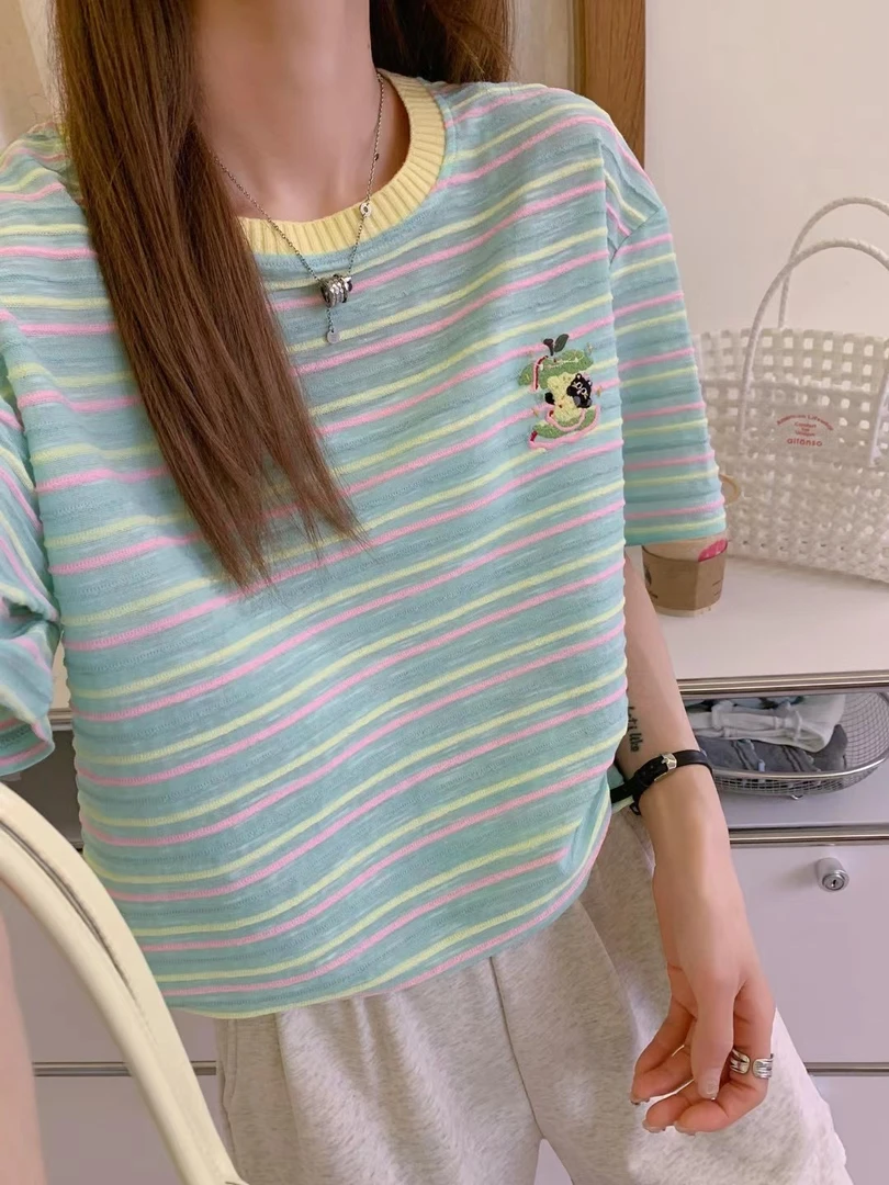 【1609】夏季新款设计百搭时尚苹果猫咪刺绣条纹T恤