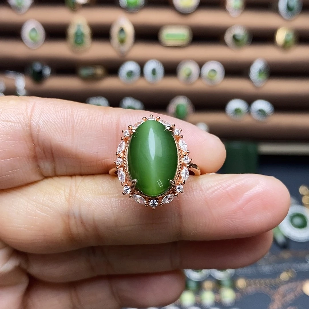 吊坠(不含链)银S925镶嵌和田玉（碧玉）戒指