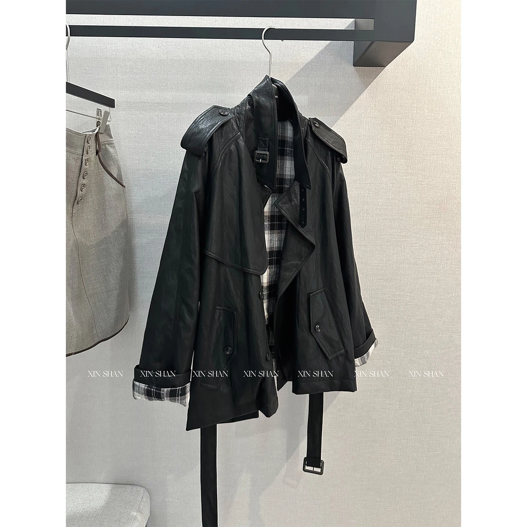 新山 XINSHAN 机车皮衣外套格纹拼接设计感2025年新款酷飒上衣女
