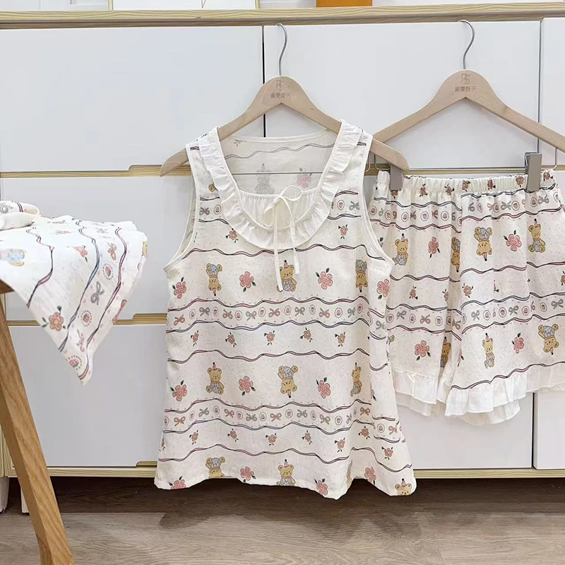 【点心小熊】带杯垫三件套背心女夏睡衣家居服可爱清凉透气舒适2382