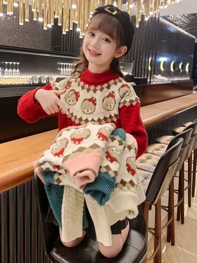 女童秋冬装新款洋气儿童加厚针织圆领童装秋冬洋气女童百搭圣诞款