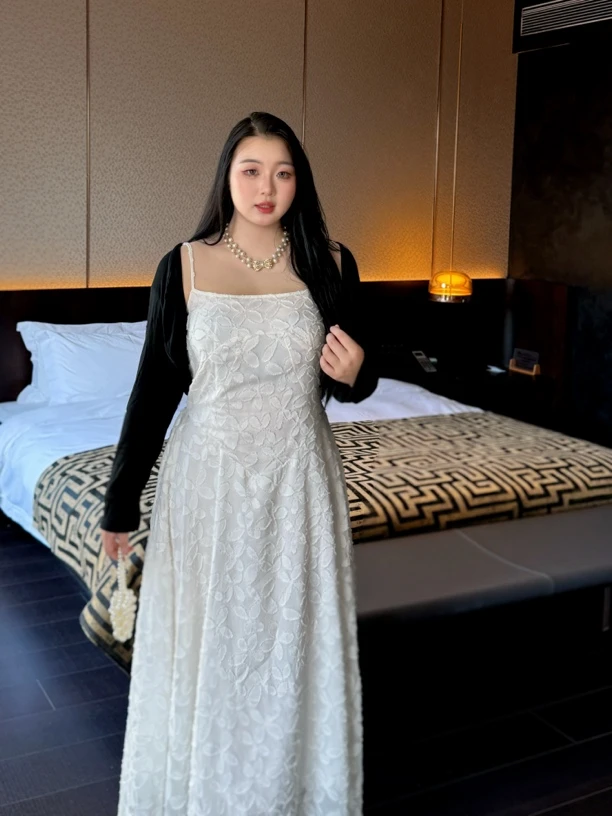 大码纯欲风吊带连衣裙夏季防晒开衫两件套装收腰法式显瘦长裙胖mm