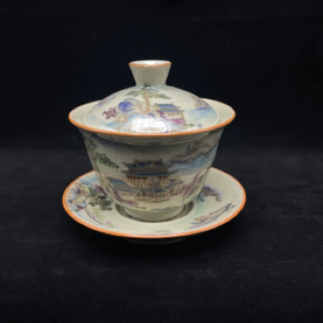 黄汝滕王阁楼三才盖碗紫金山满绘盖碗0266