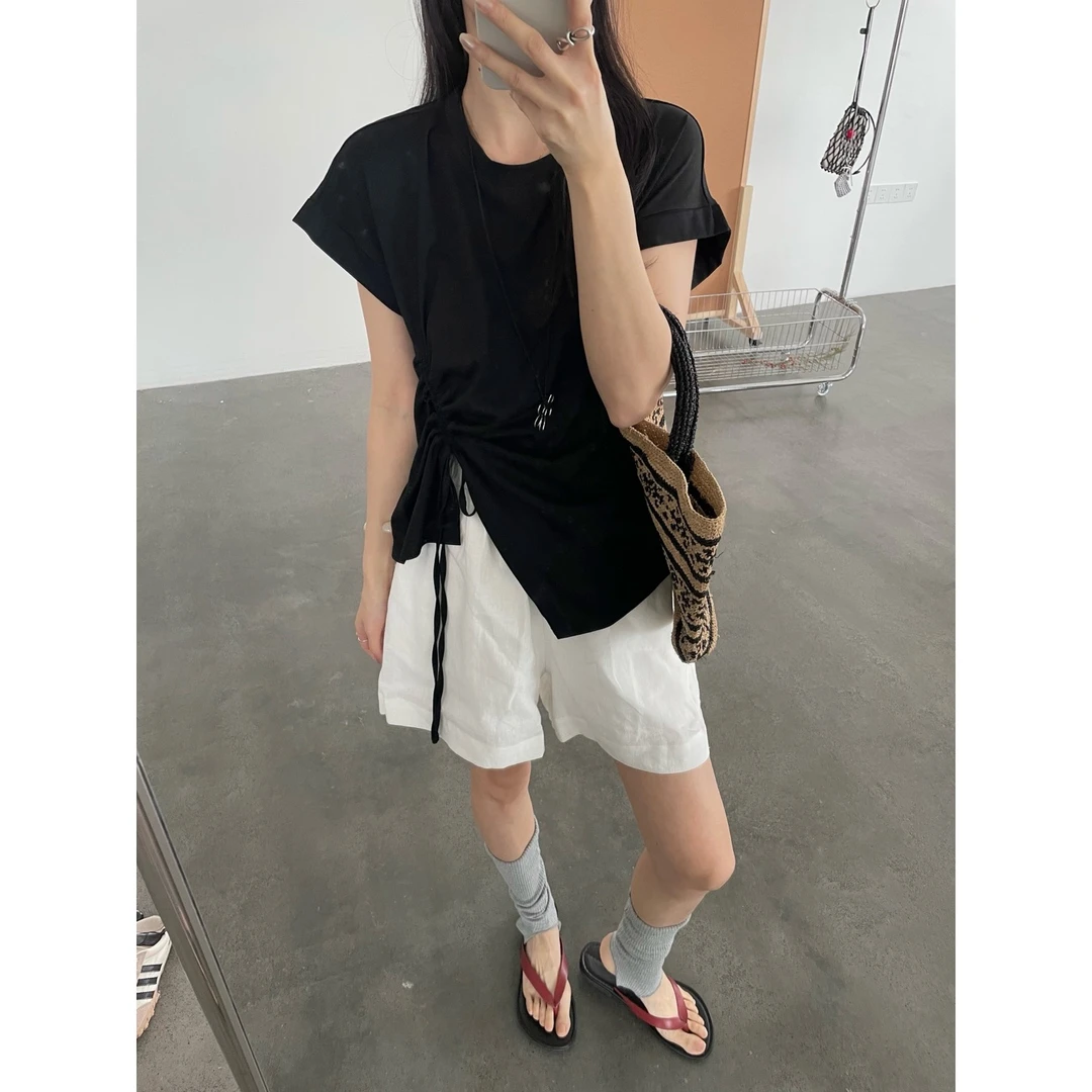 新款韩版简约纯色开叉抽绳针织短袖T恤T25160