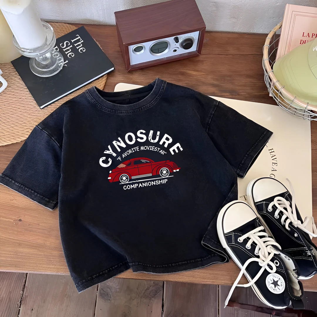 夏装潮牌洗水做旧纯棉短袖t恤韩版洋气印花男童女童潮酷痞帅童装