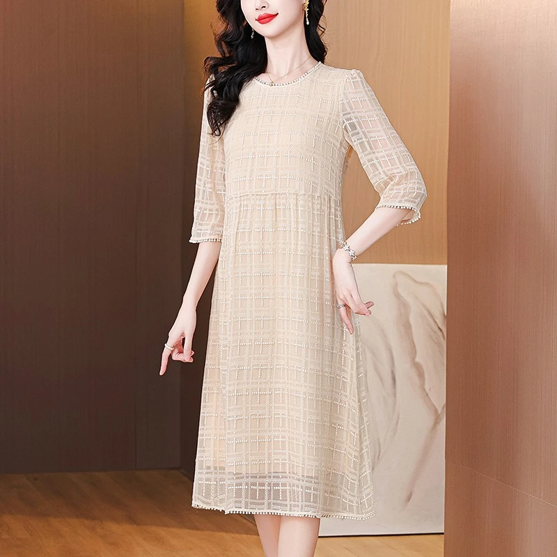 DUCURNO高级感格纹中袖连衣裙女夏季2025新款气质优雅大码直筒裙