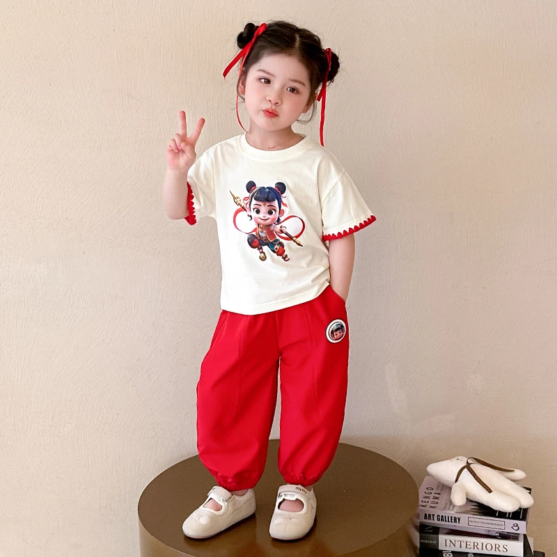 女童哪吒套装儿童国潮短袖tT亮灯休闲裤两件套小女孩夏装2025新款
