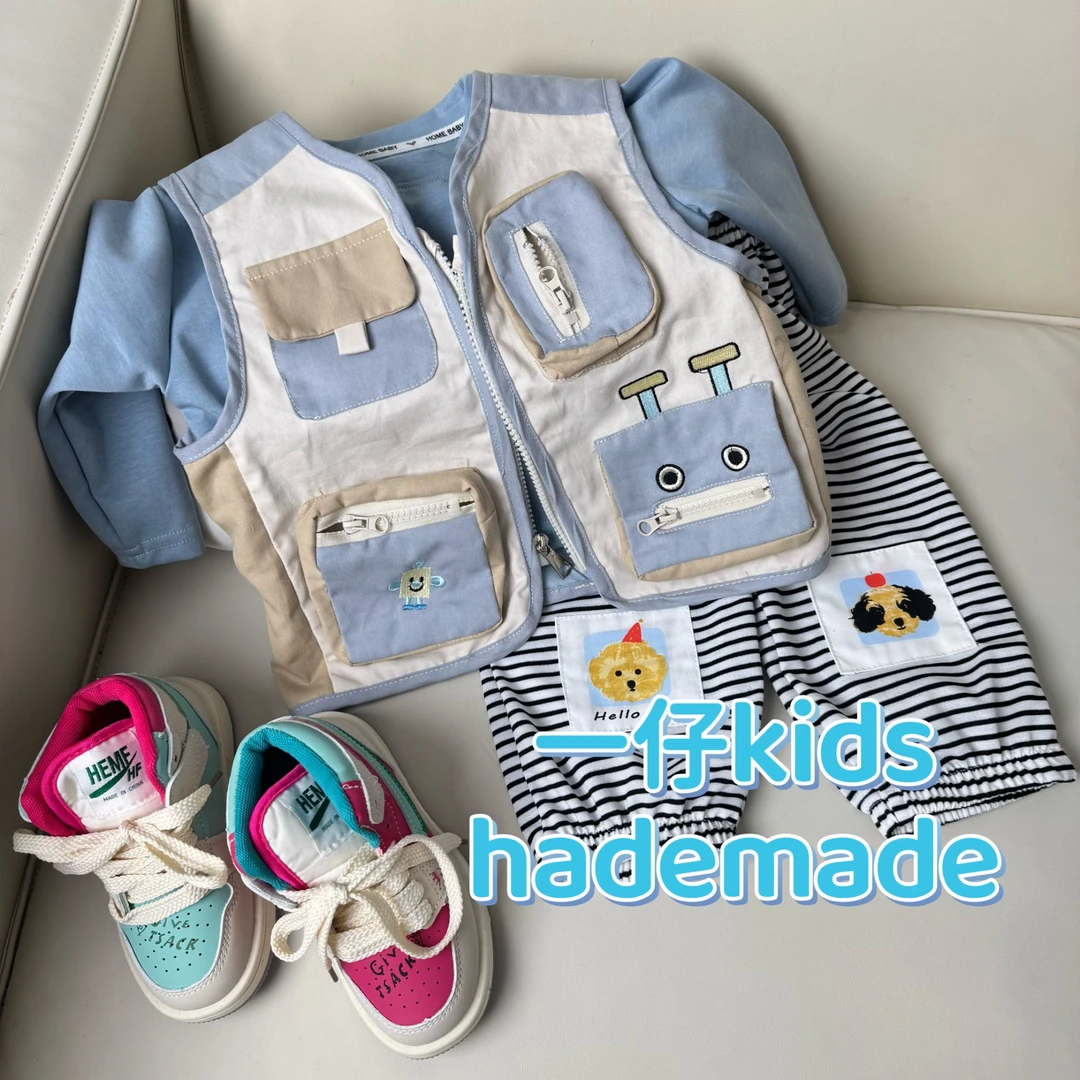 2025春季新款童装男宝女宝机器人立体口袋马甲三件套春秋新款儿童