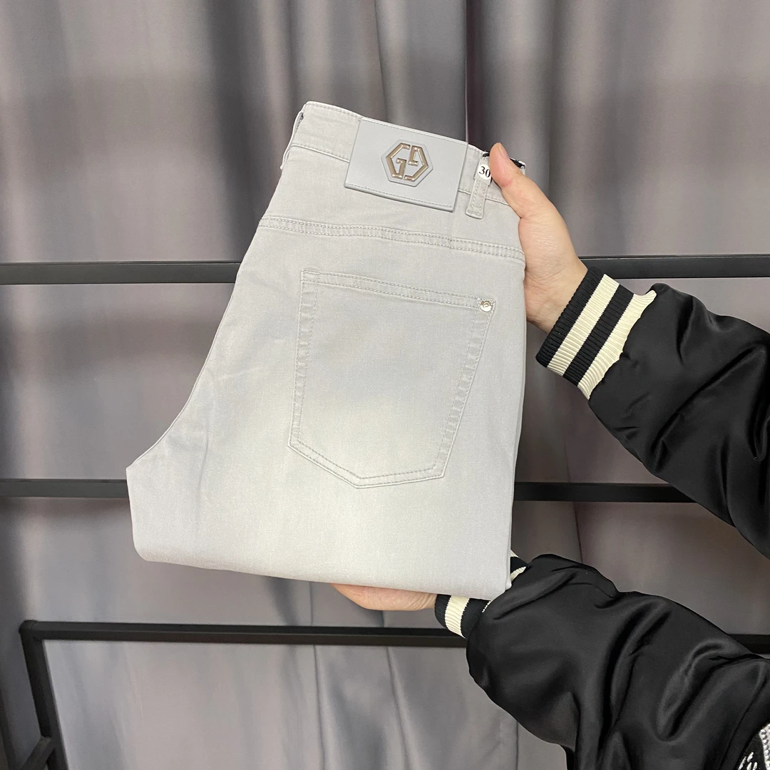 欧货春夏薄款弹力修身牛仔裤男士高档轻奢时尚商务休闲灰白色男裤