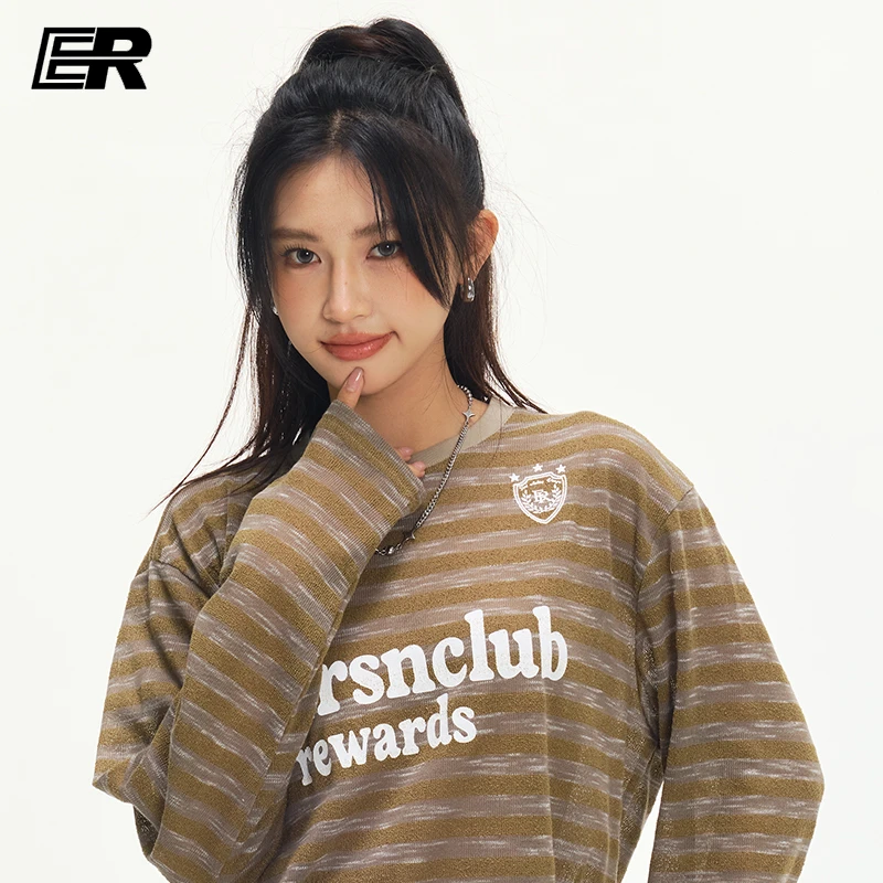 ER慵懒风斑马条纹罩衫情侣夏季薄款美式街头遮阳防晒字母t恤长袖