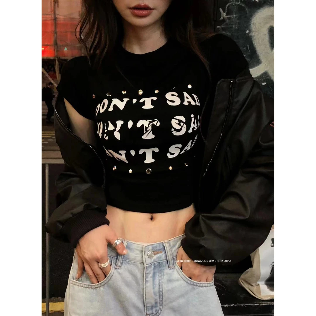 【小鱼】美式辣妹修身小众字母铆钉印花T恤LWJ24C3T1509