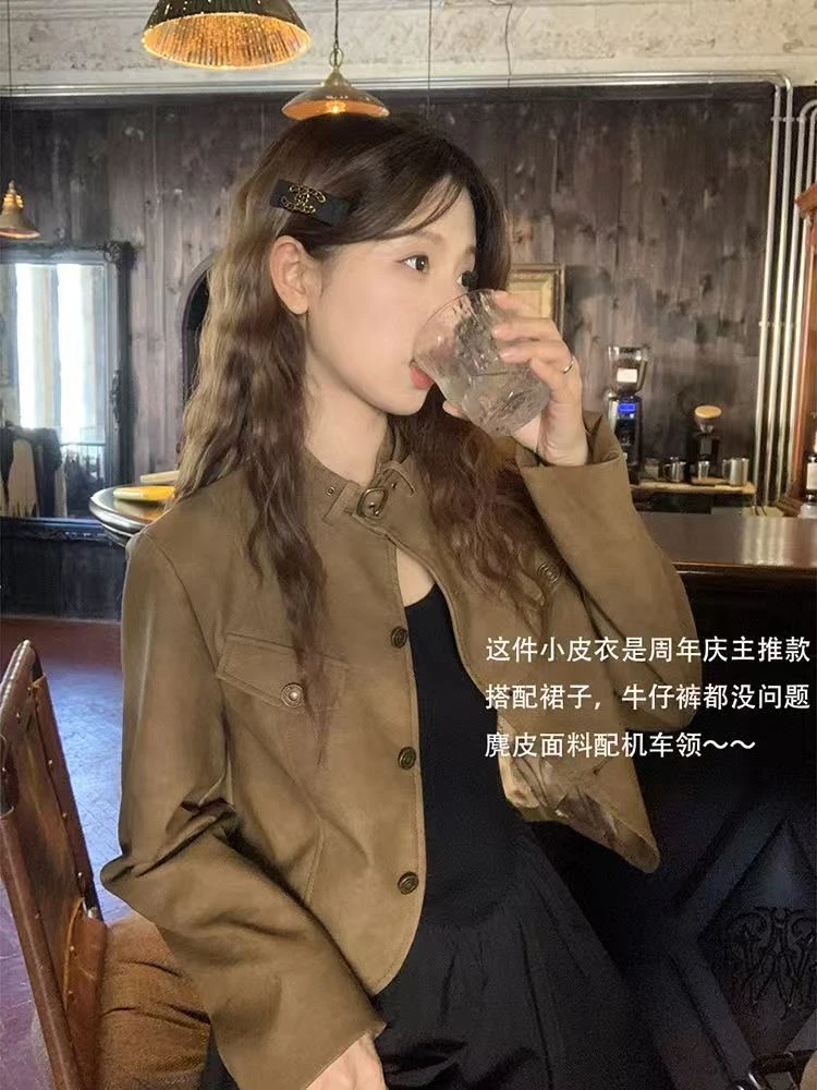 美拉德2025早秋新款潮牌美式复古外套女简约高腰短款上衣女外套PU