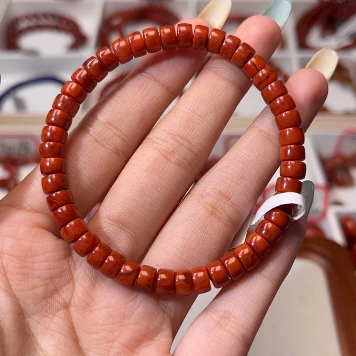南红玛瑙未镶嵌手链精工直切药片满肉柿子红火焰6mm