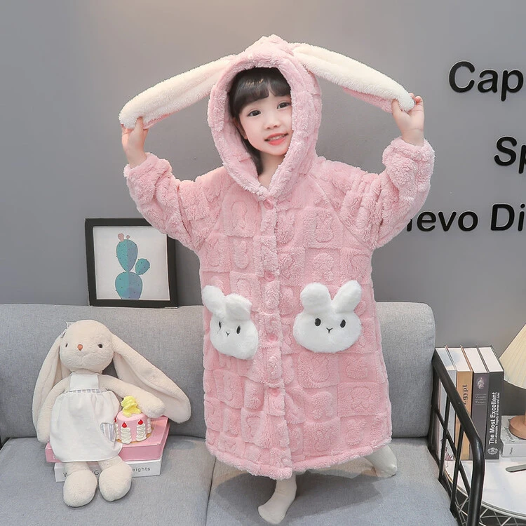 女童秋冬款法兰绒开衫珊瑚绒睡衣儿童小兔子宝宝睡袍连帽睡裙