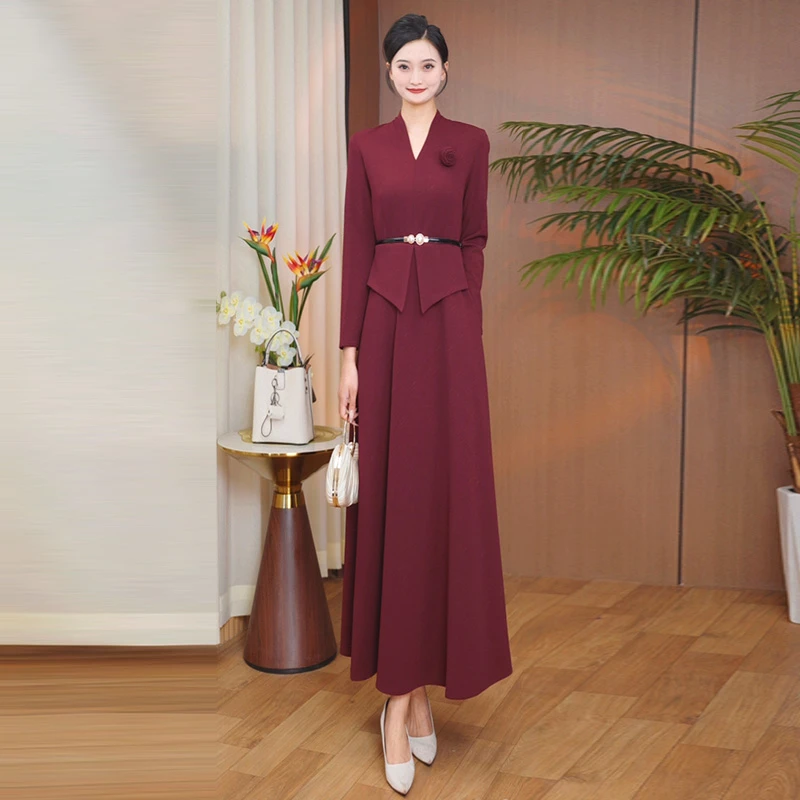 早秋新款长裙婚礼减龄气质显白收腰修身时尚妈妈装加绒加厚喜婆婆