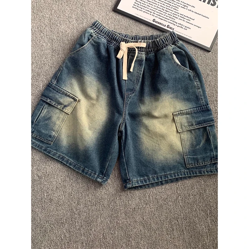 深蓝色多口袋牛仔短裤男夏季美式高街水洗工装裤子cleanfit五分裤