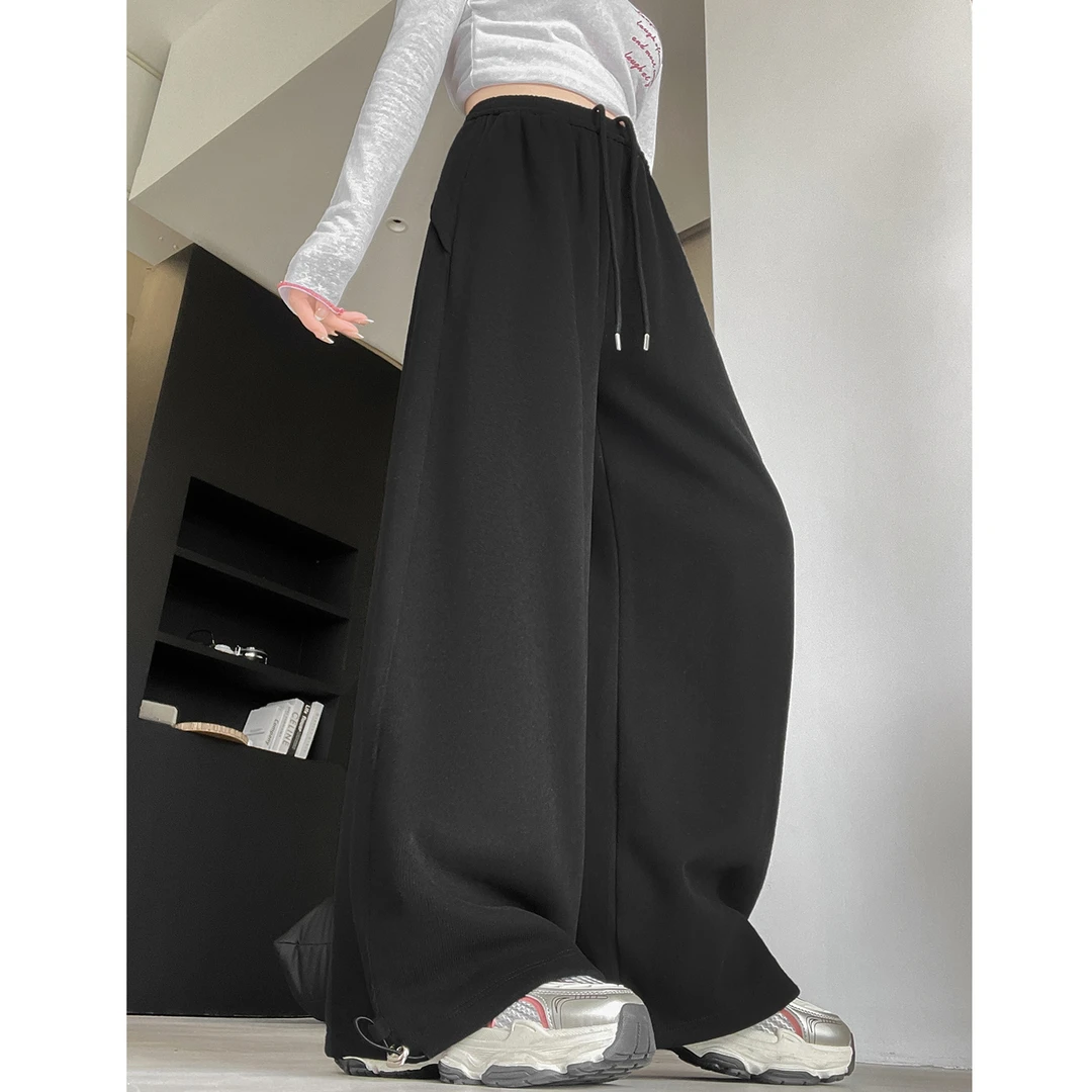 黑色休闲美式宽松阔腿裤女2025秋季新款高腰显瘦小个子直筒休闲裤