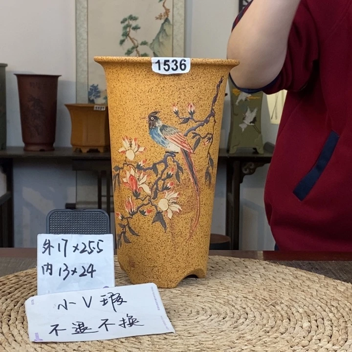 紫砂花盆  瑕疵柴烧玉兰手绘直筒1536