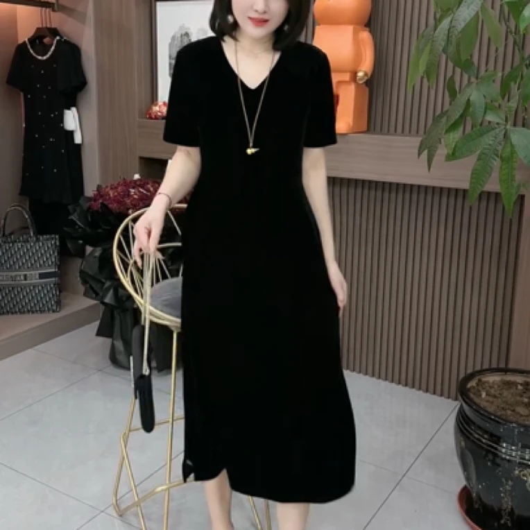 简约大气连衣裙2025春夏季新款时尚高级感金丝绒宽松显瘦气质长裙