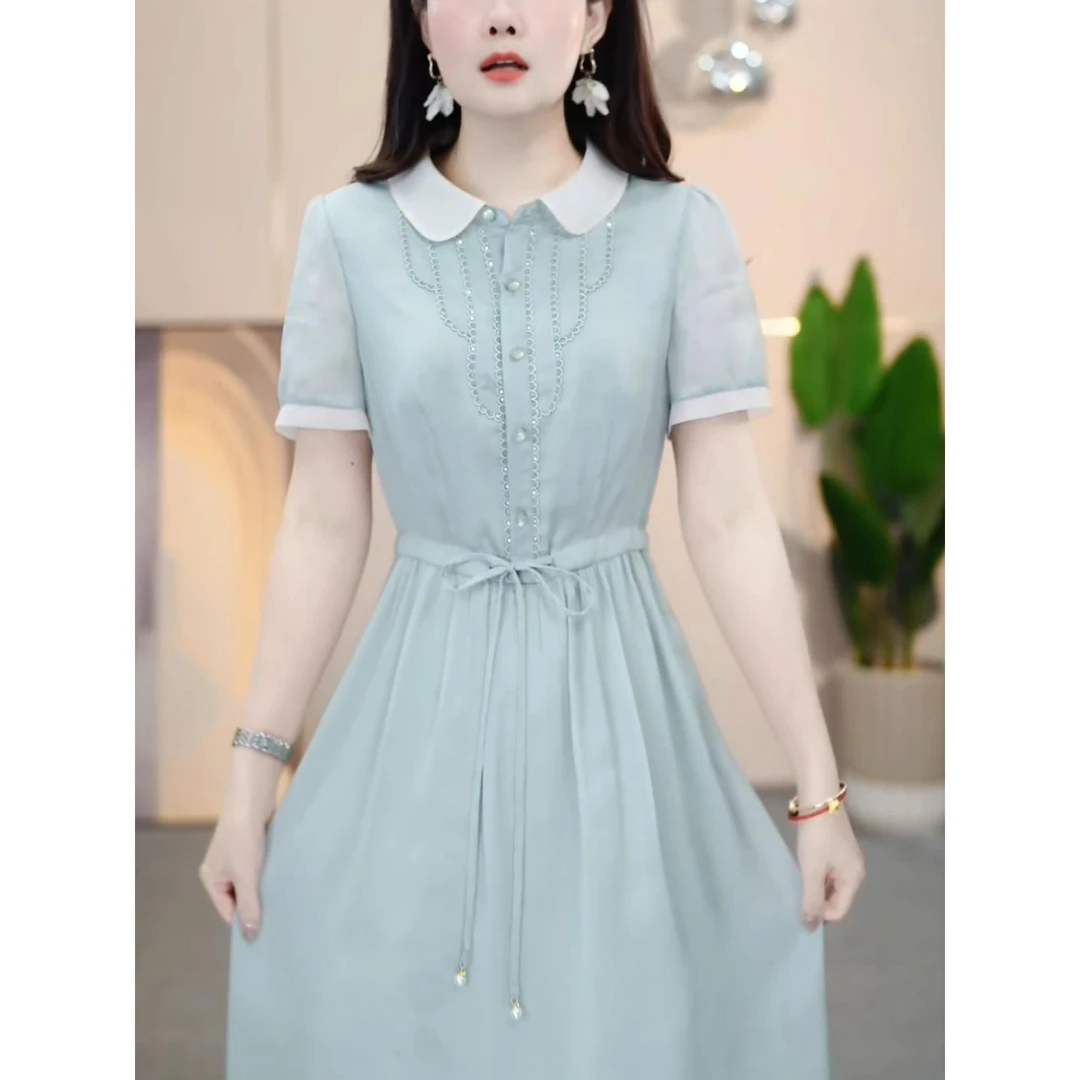 杜拉妮时尚精致短袖连衣裙女2025夏季新款女士气质收腰显瘦遮肉过