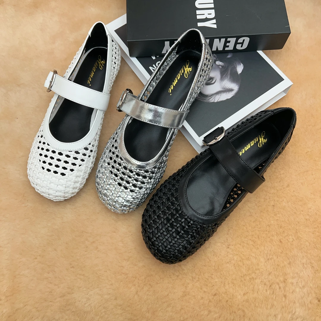 2025热卖时尚编织镂空绑扣百搭软底真皮优雅气质包头女鞋平底