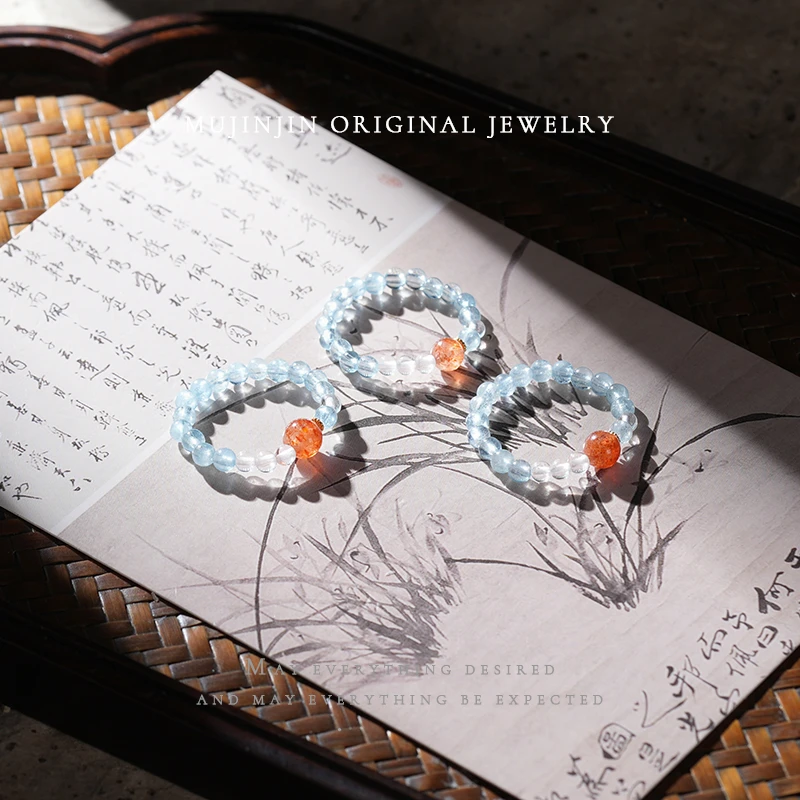 【木槿槿 槿选】天然海蓝宝戒指搭配金太阳女款时尚饰品多样性发一