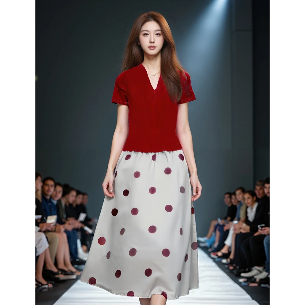 【预售】新款短袖夏季时尚V领上衣裙子套装51265