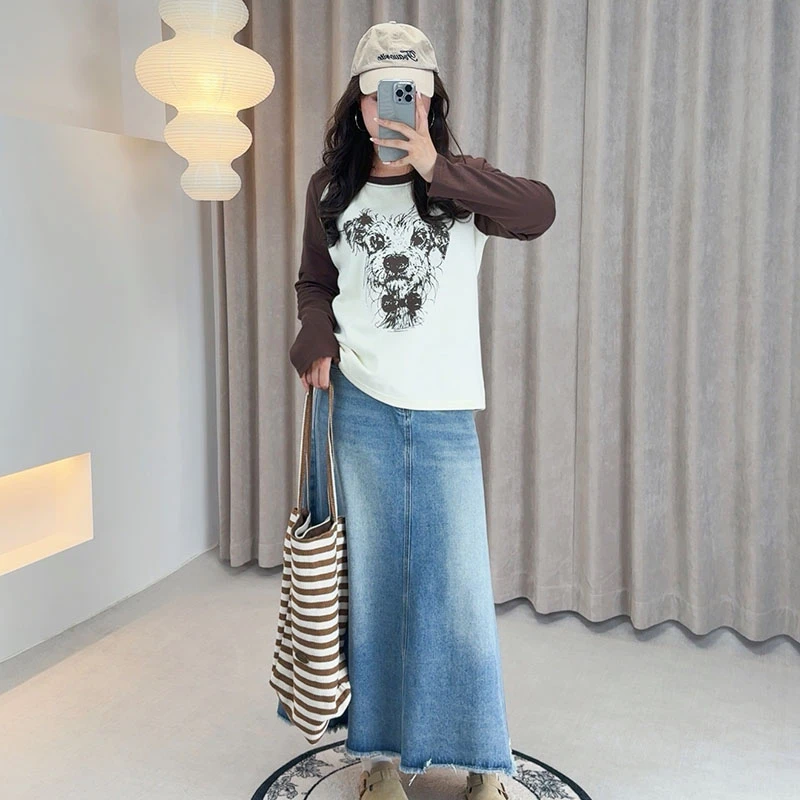【芳草斜阳】2025秋季新款大码胖mm女装卡通小狗插肩长袖T恤-9117