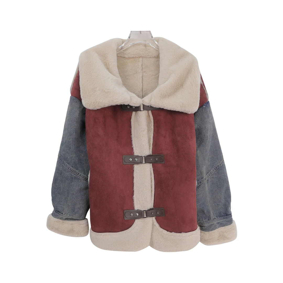 S翻领毛毛撞色小众设计感加厚拼接外套X27729