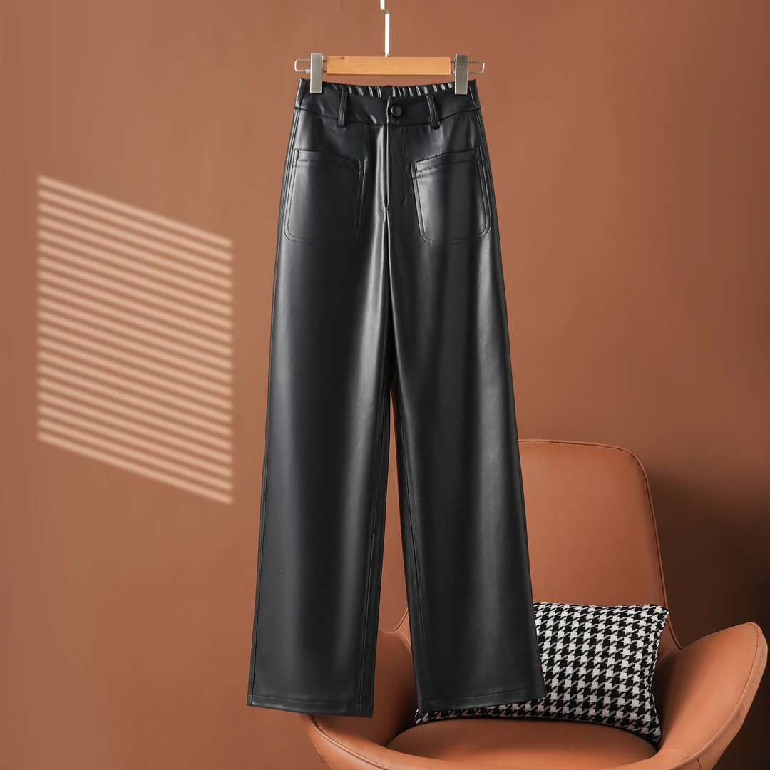 【欢欢】2025年秋冬新款海宁真皮皮裤女长裤高腰阔腿裤绵羊皮裤子女