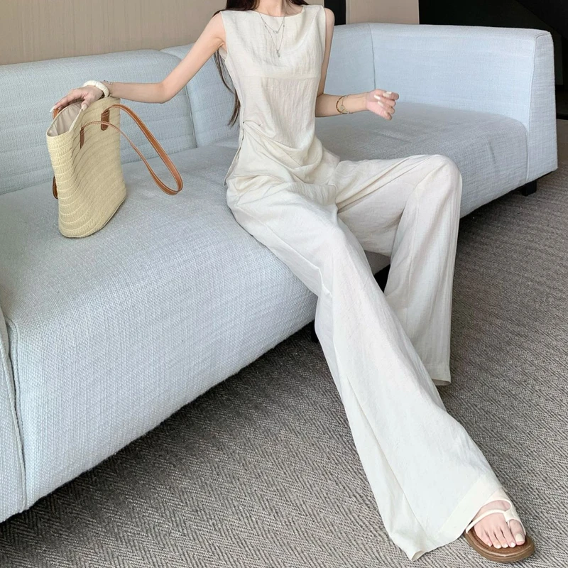 韩版气质显瘦套装女夏季薄款设计感无袖上衣+垂坠感阔腿裤两件套