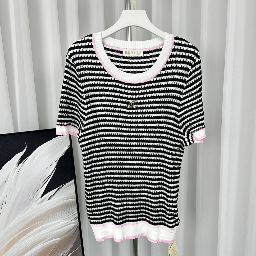 【芮娜依莲】T夏季针织修身百搭条纹T恤-1066