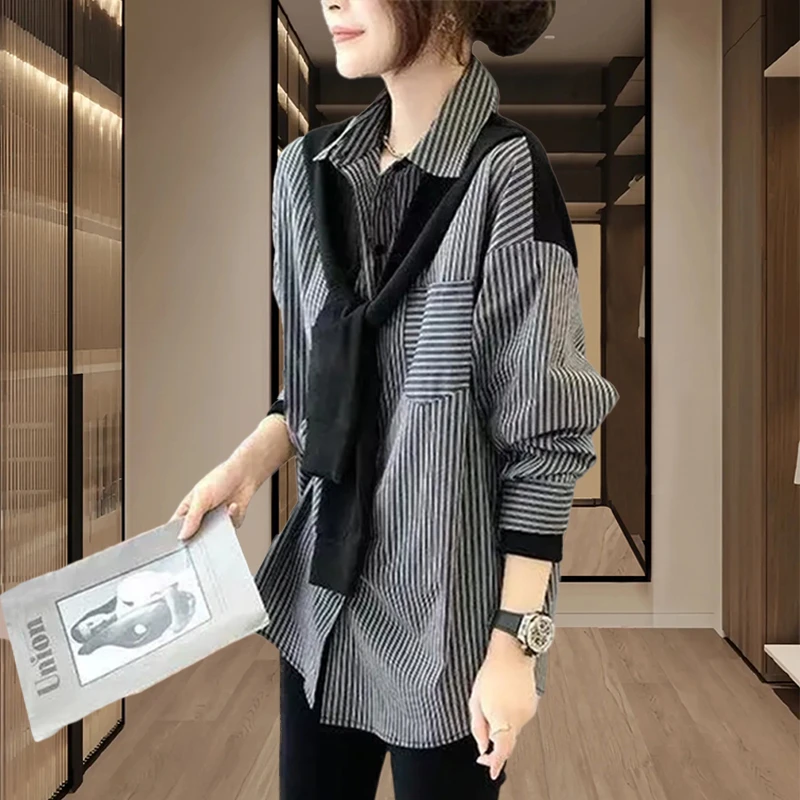 欧货个性衬衫女假两件2026春秋新款百搭复古港风衬衣洋气外穿百搭