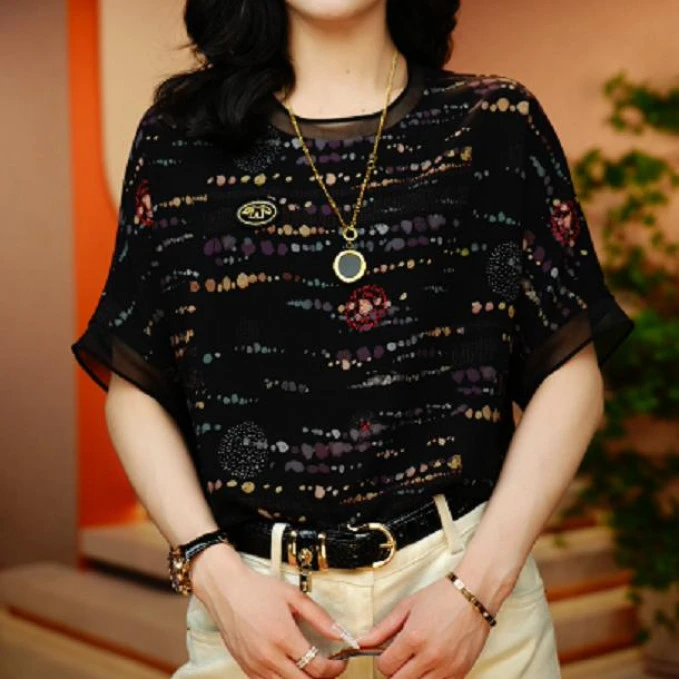 1抽象炫彩-夏季新款高级感洋气时尚百搭显瘦短袖圆领上衣