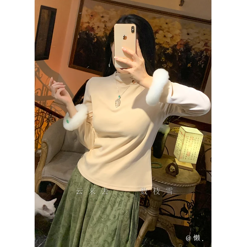 懒·江南「雪见」东方美学国风系真兔毛刺绣棉打底衣