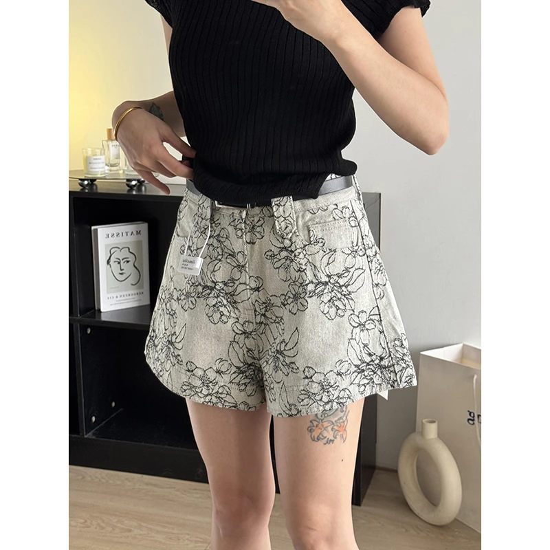 美式重工提花高腰牛仔短裤女夏季小众设计感复古百搭显瘦阔腿裤子