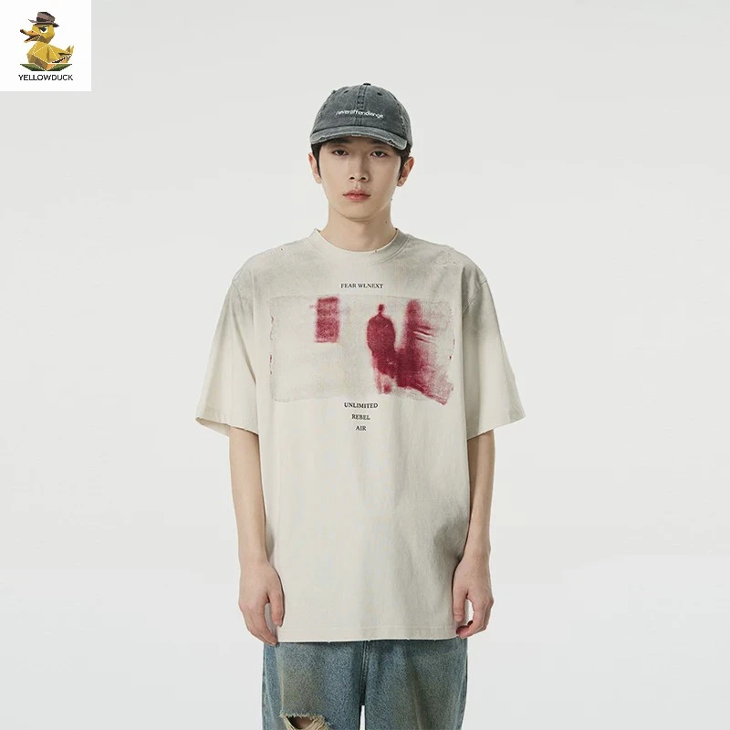 网红爆款 美式废土风复古人影短袖恤男高级感痞帅炸街高街体恤潮