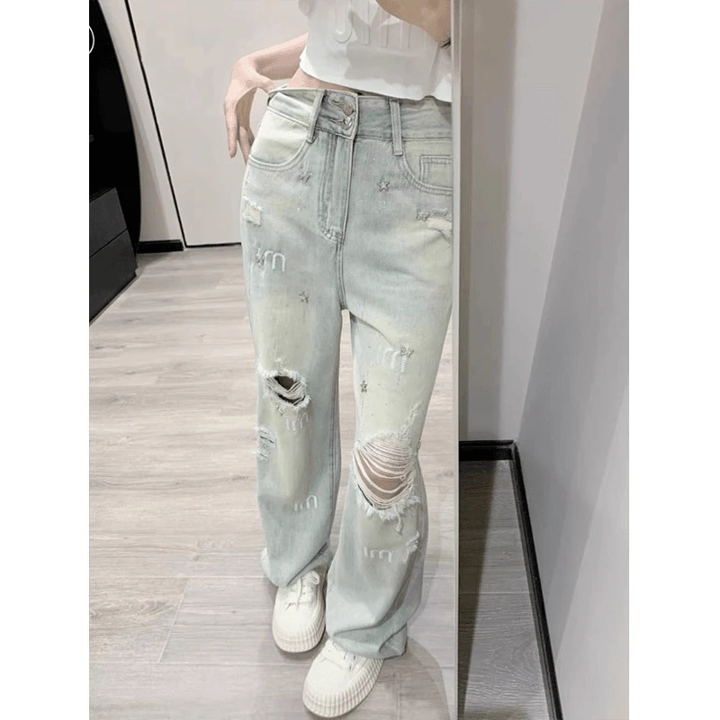 破洞牛仔裤女2025新款爆款百搭时尚显瘦气质设计感刺绣阔腿直筒裤