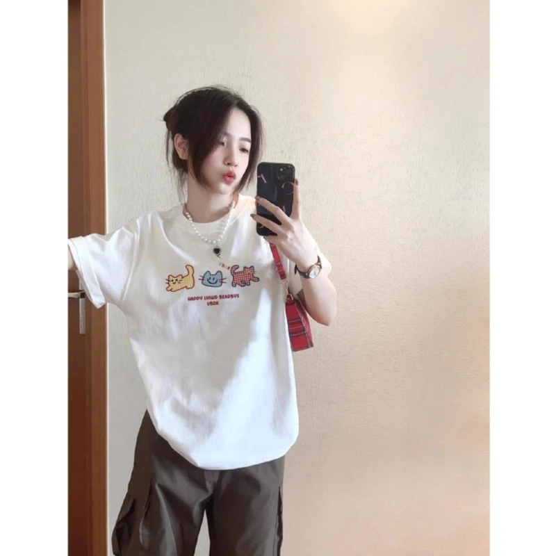 重磅纯棉白色正肩短袖t恤女2025新款夏季宽松oversize小众上衣服