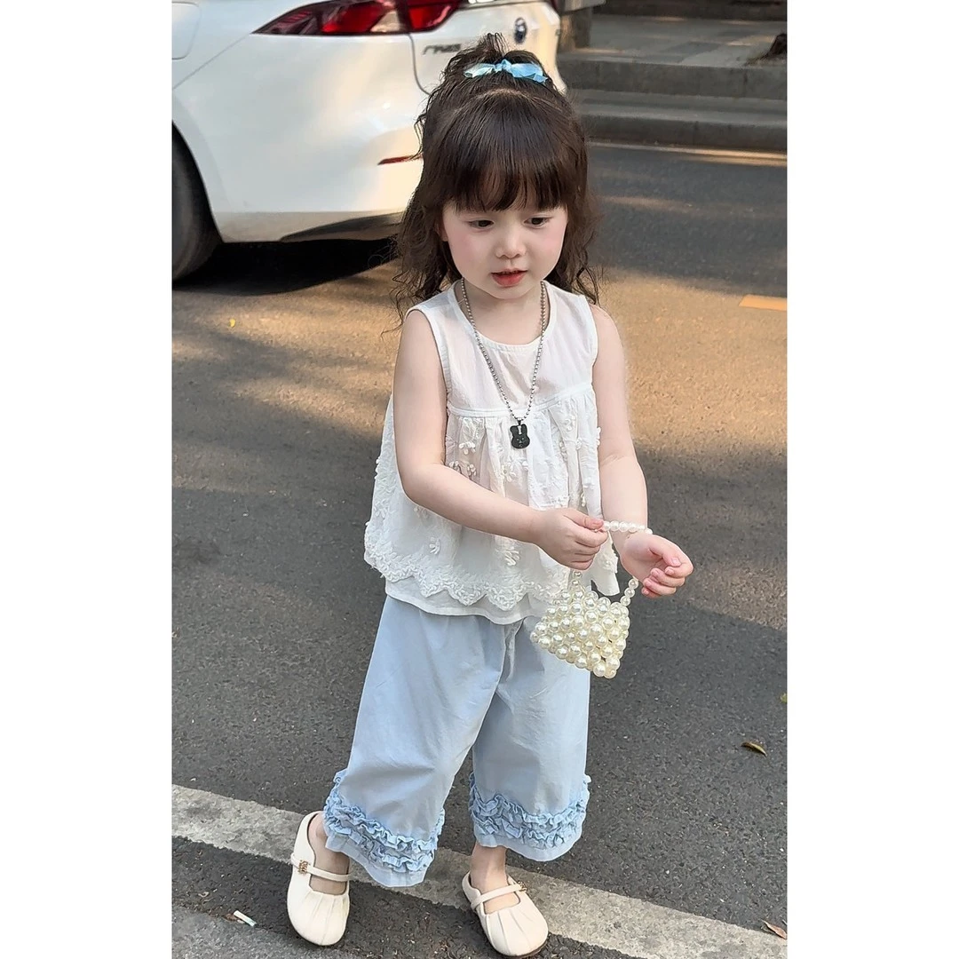 女童夏季花边裤子2025韩版新款女孩子娃娃衫宝宝洋气花边无袖上衣