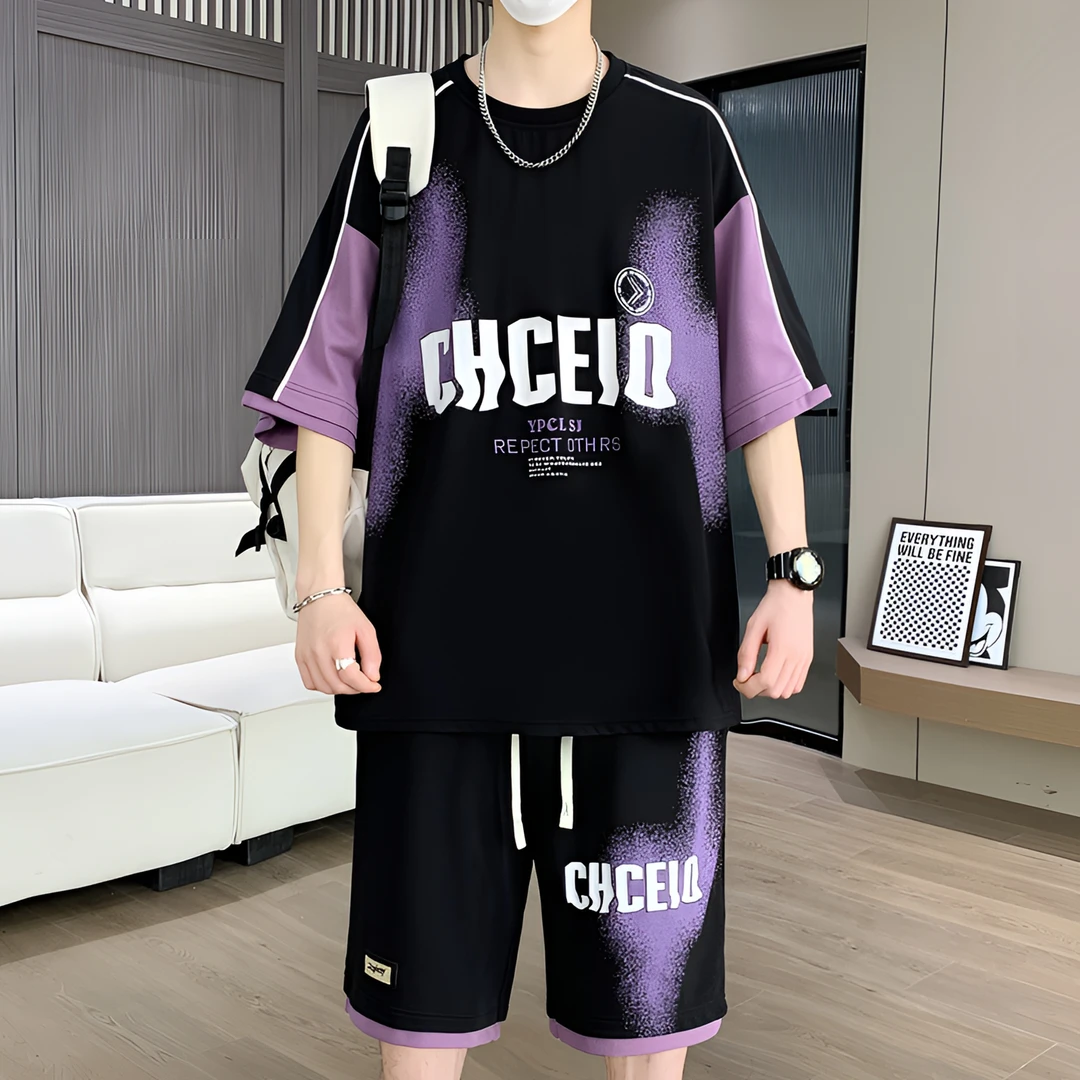 潮流宽松百搭大码男装100-280斤夏季新款时尚短袖t套装男青年短袖