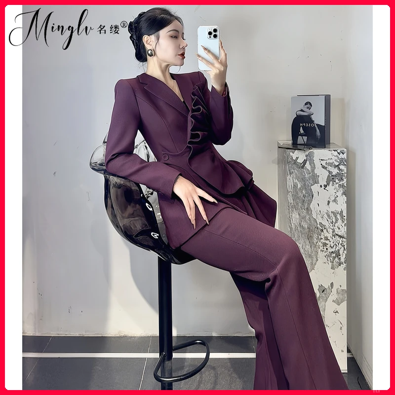 名缕高级感御姐气质西装套装捏褶收腰不规则西装长裤职业两件套